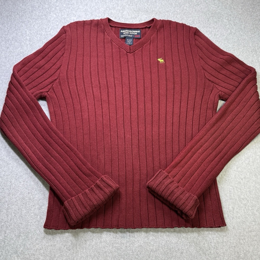 Y2K Abercrombie & Fitch Ribbed V Neck Sweater Red Moose Logo‎  Mens M Preppy